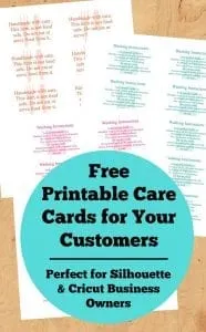 Free, Printable Care Cards for Your Silhouette or Cricut Business (Not Food Safe, HTV Washing Instructions, and Not Dishwasher Safe) for your Silhouette Cameo or Portrait and Cricut Explore or Maker small business - by cuttingforbusiness.com