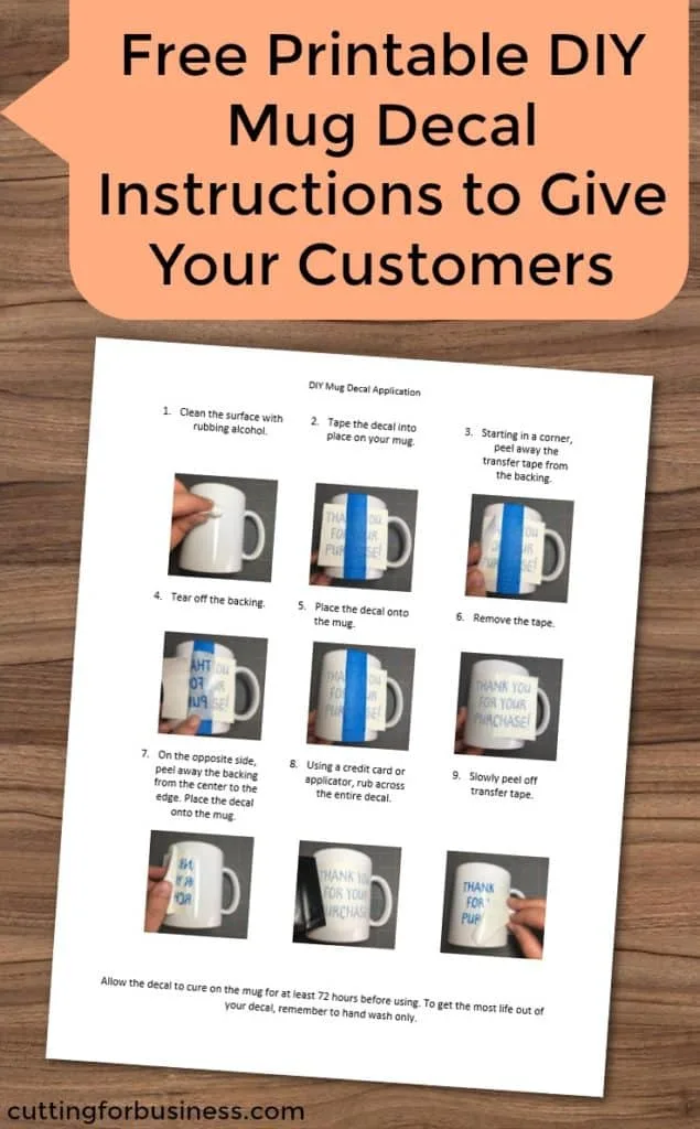 Free, printable DIY coffee mug application instructions to give to customers in your Silhouette Cameo or Cricut small business - by cuttingforbusiness.com