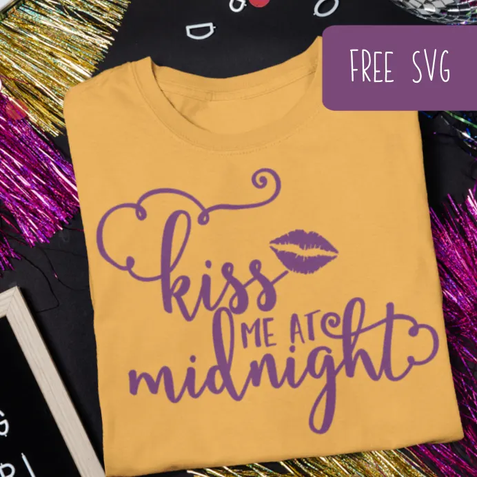 Free SVG - New Year's Eve - New Year - Kiss Me at Midnight - Cut File - Silhouette and Cricut - Portrait, Cameo, Curio, Mint, Explore, Maker, Joy - by cuttingforbusiness.com.
