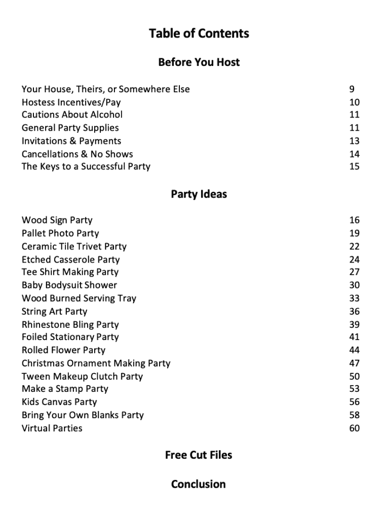 Table of Contents - Ebook: 15 Home Parties to Host with Your Silhouette or Cricut (Portrait, Mint, Cameo, Curio, Explore, Maker, Joy) - by cuttingforbusiness.com.