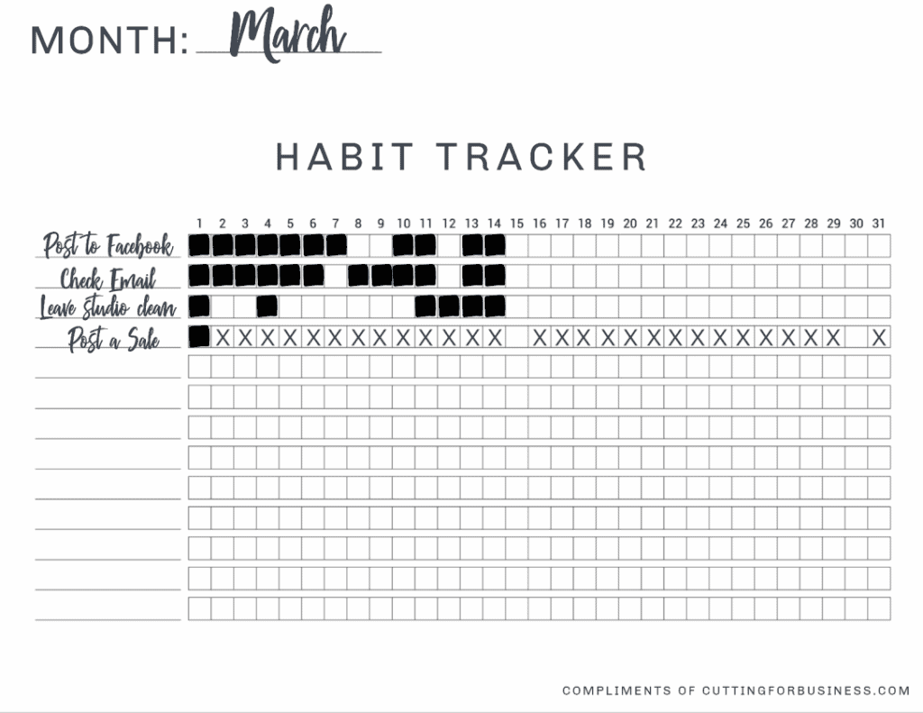 Free, printable habit tracker from Cutting for Business - cuttingforbusiness.com.