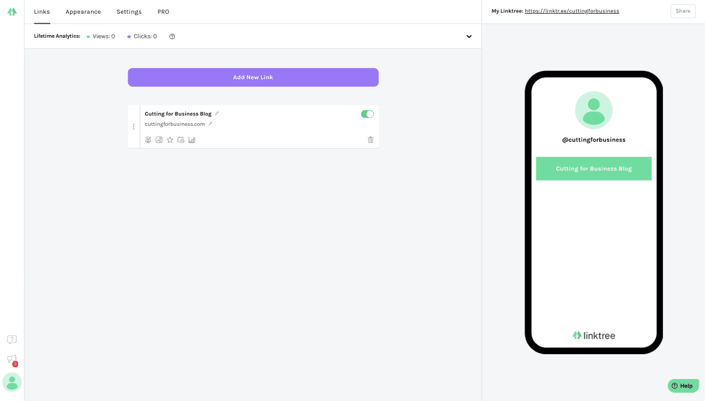 Creating links in Linktree - by cuttingforbusiness.com.