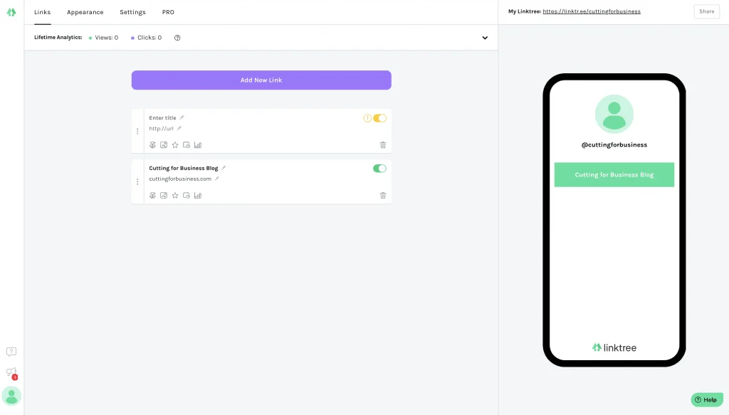 Creating more links in Linktree - by cuttingforbusiness.com.