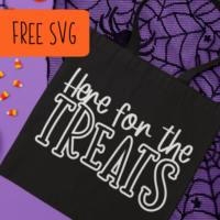 Free Halloween SVG - Here for the Treats - Halloween Bag or Shirt - Silhouette or Cricut - Portrait, Cameo, Curio, Mint, Explore, Maker, Joy - by cuttingforbusiness.com.