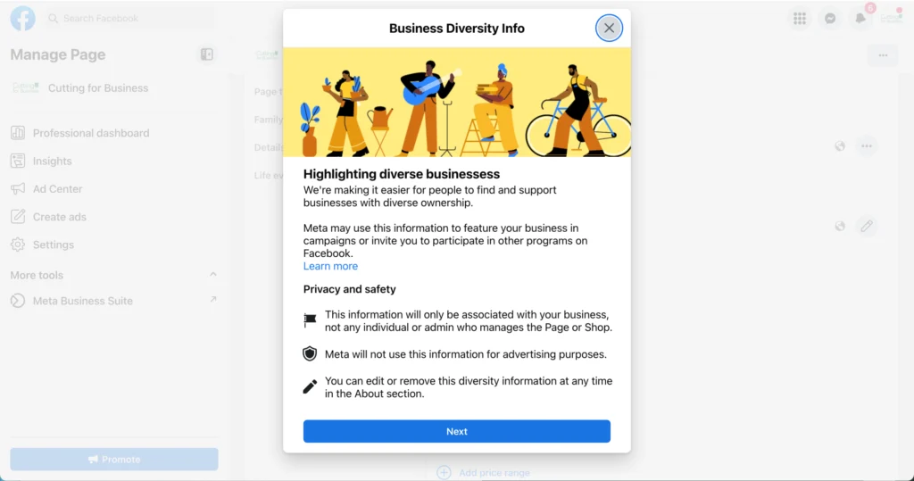 Tutorial: How to Add a Diverse Business Category on Facebook - Screenshot 3 - cuttingforbusiness.com.