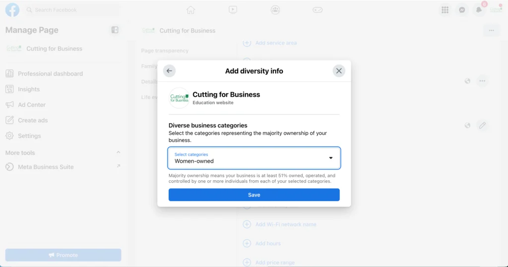 Tutorial: How to Add a Diverse Business Category on Facebook - Screenshot 4 - cuttingforbusiness.com.