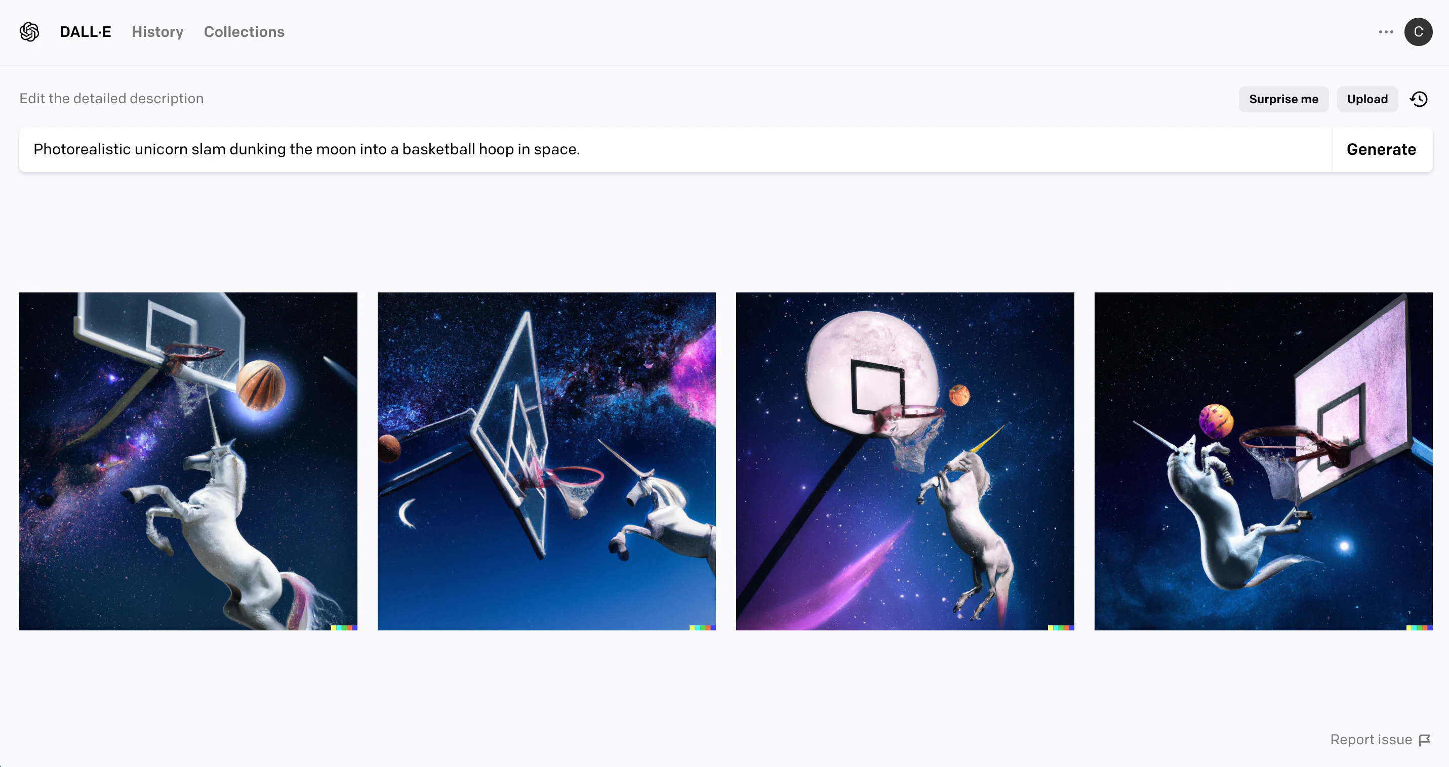 Screenshot - Dall-E 2 Example - Unicorn slam dunking a basketball in space - cuttingforbusiness.com.