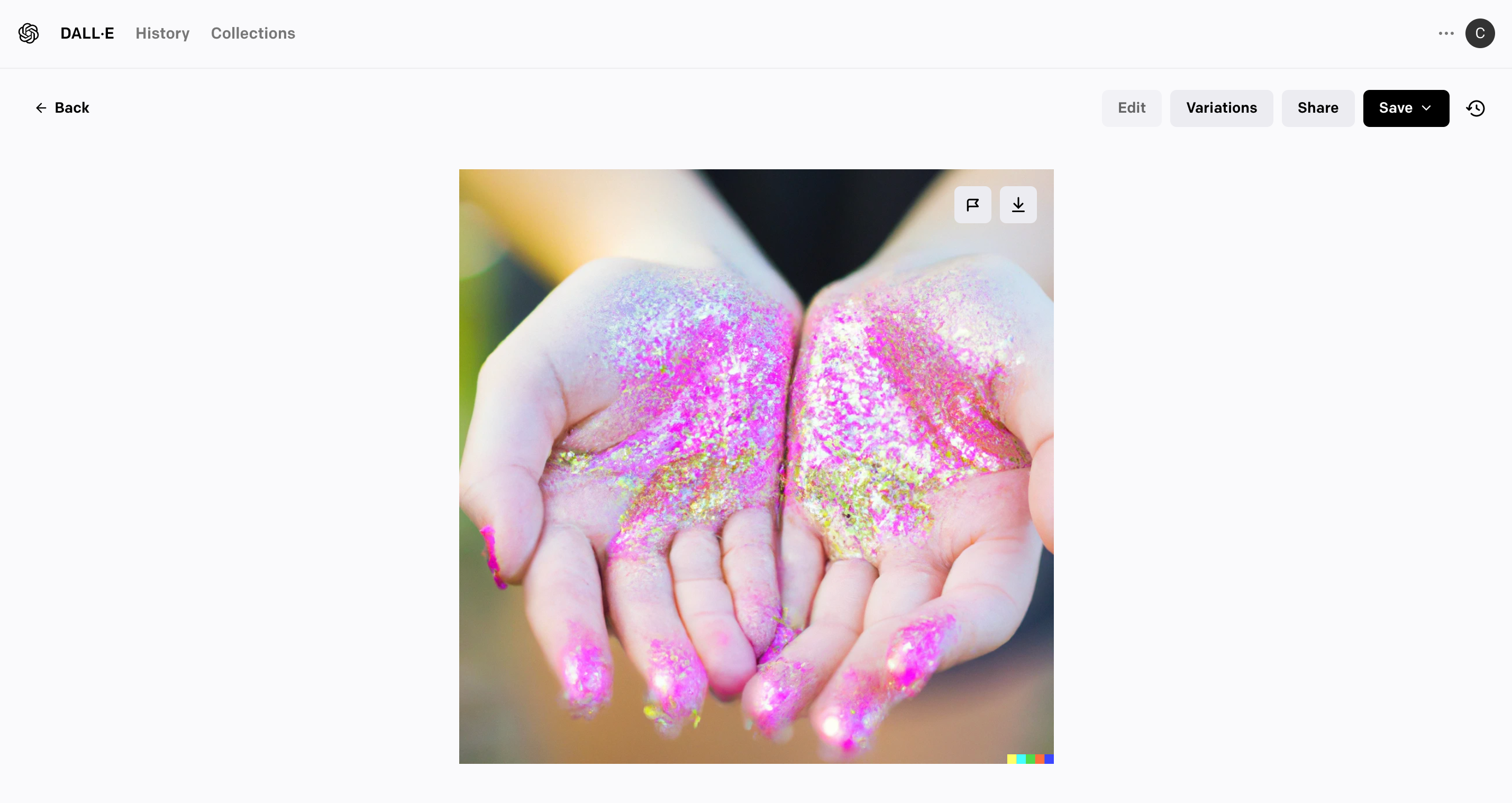 Screenshot of glitter on hands made by Dall-E 2 - cuttingforbusiness.com.