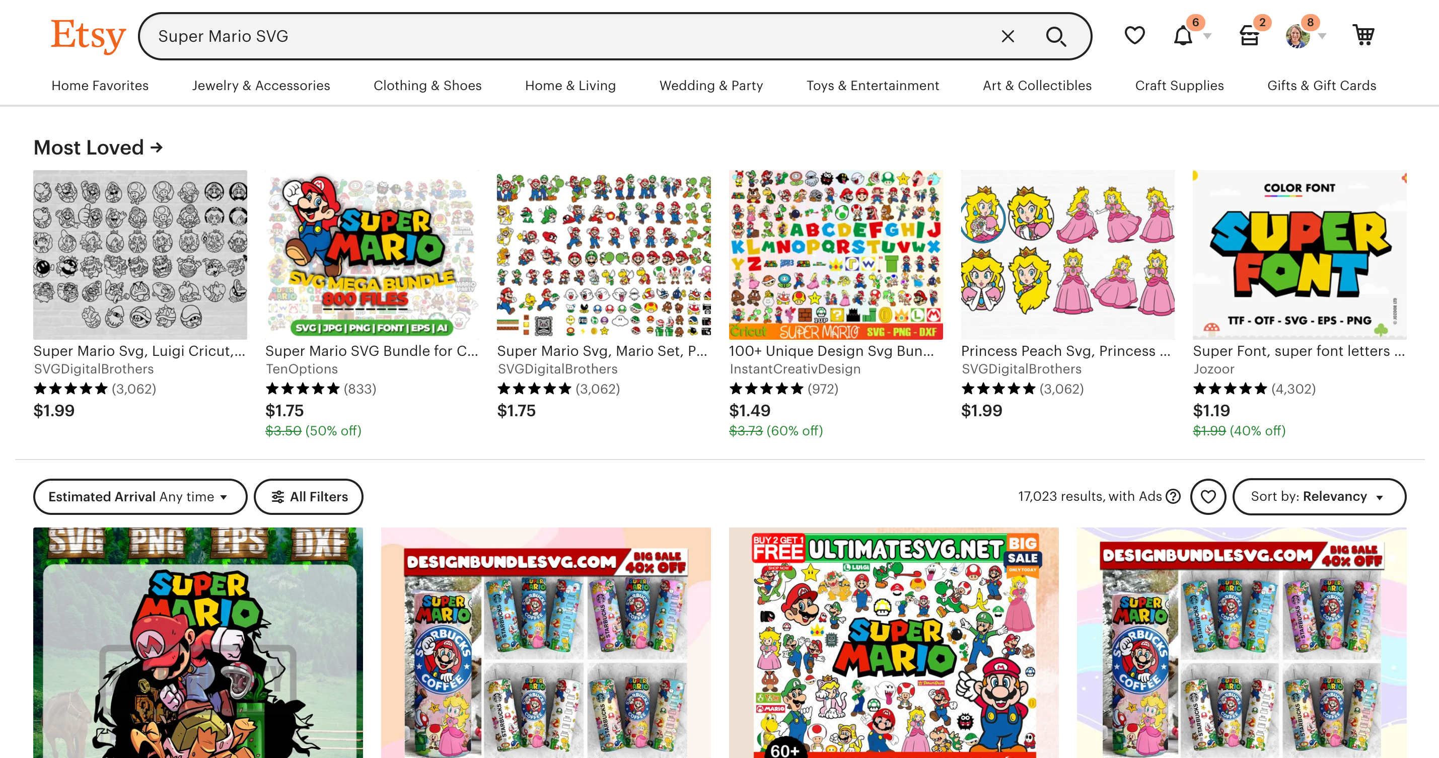 Screenshot of Etsy showing Super Mario SVGs for Sale - cuttingforbusiness.com.