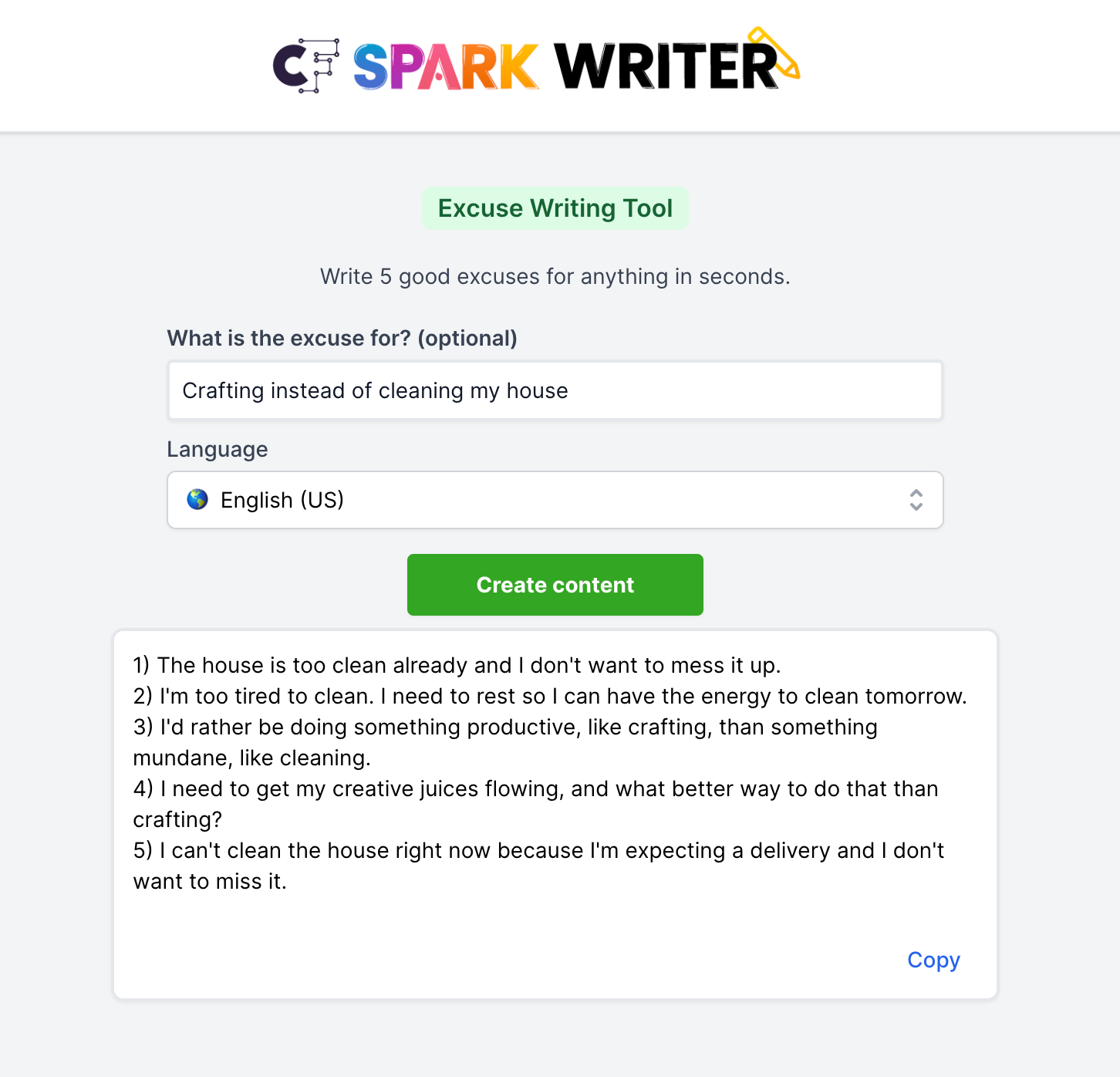 Screenshot of CF Spark Prompt Writer - Excuse Writing Tool - cuttingforbusiness.com.