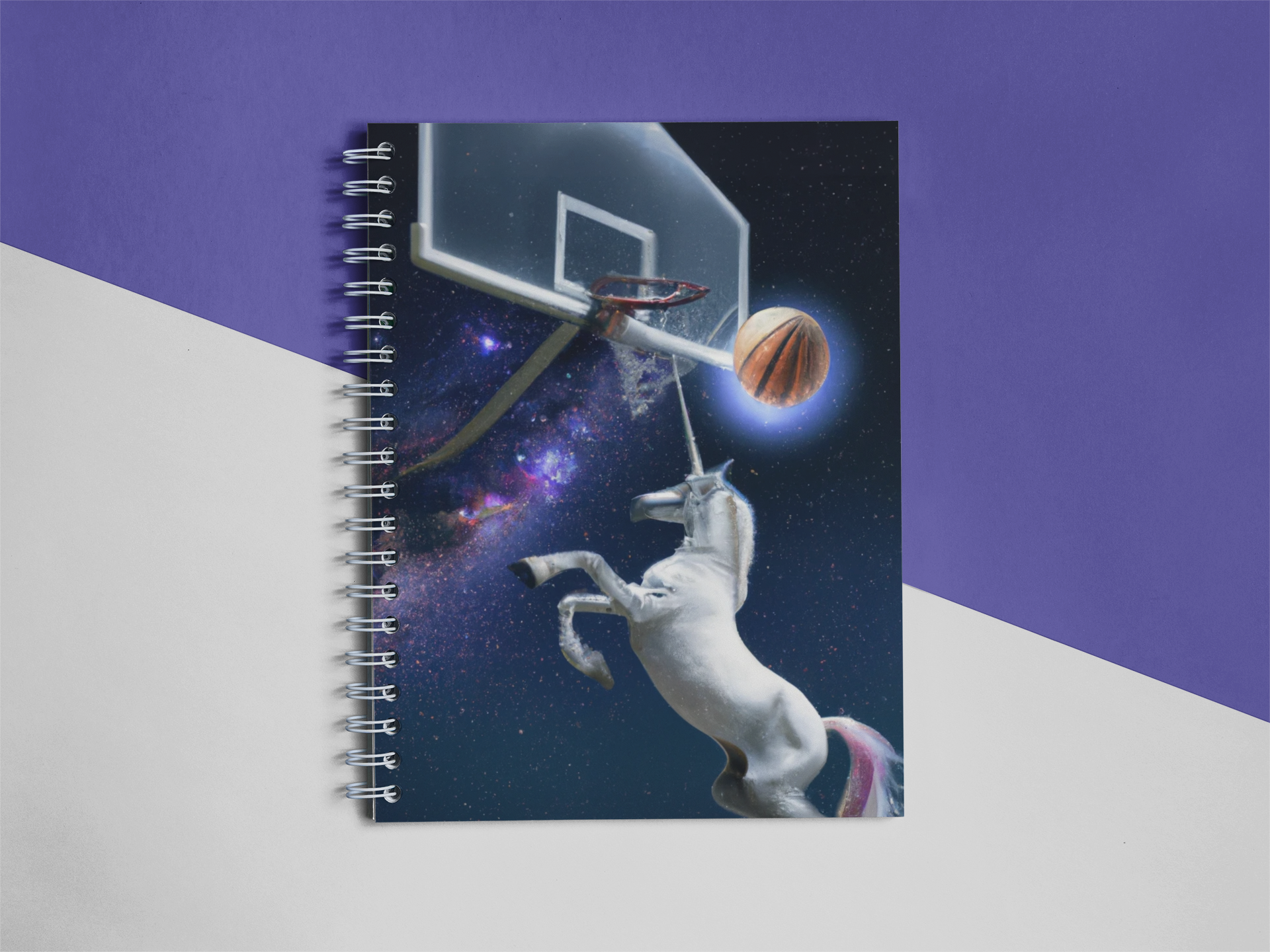 Mockup of a notebook with Dall-E 2 graphic of a unicorn slam dunking a basketball in space - cuttingforbusiness.com.