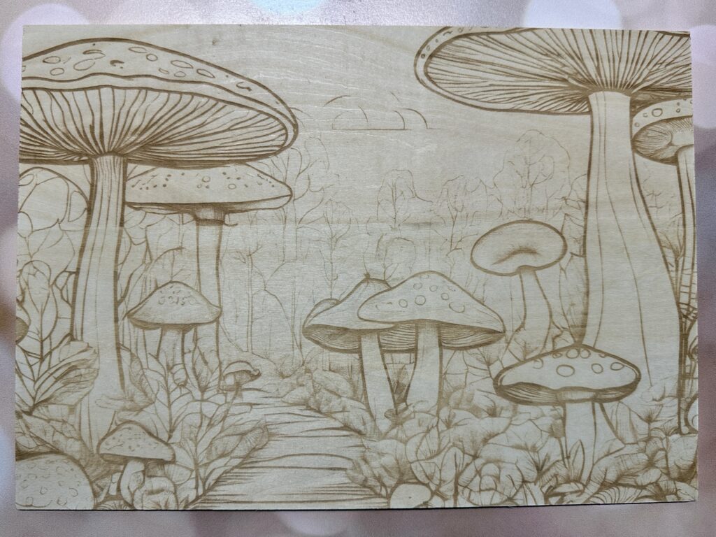 xTool P2 finished mushroom engrave on basswood - cuttingforbusiness.com