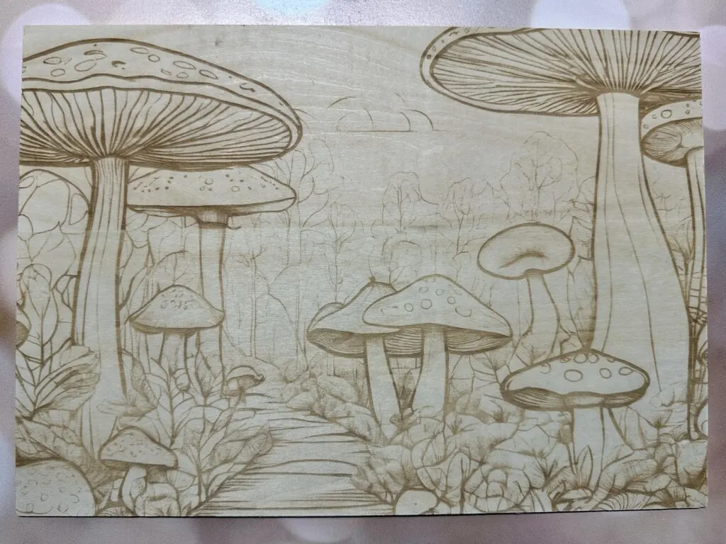 xTool P2 finished mushroom engrave on basswood - cuttingforbusiness.com
