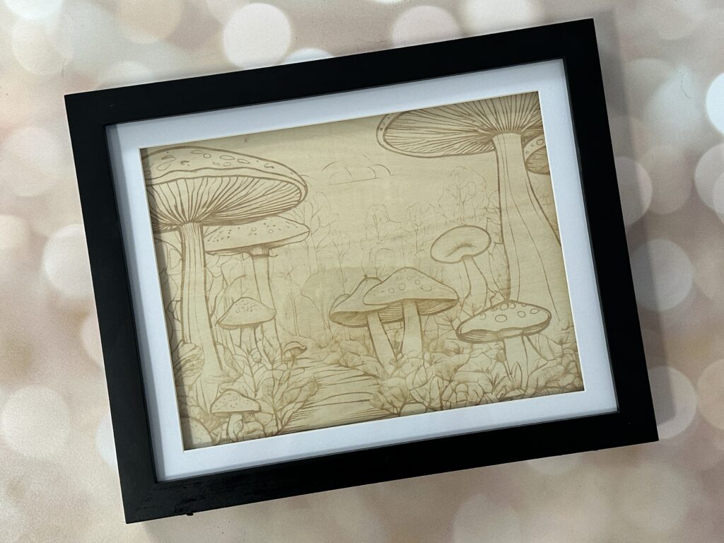 Final product of xTool P2 finished mushroom engrave on basswood - cuttingforbusiness.com