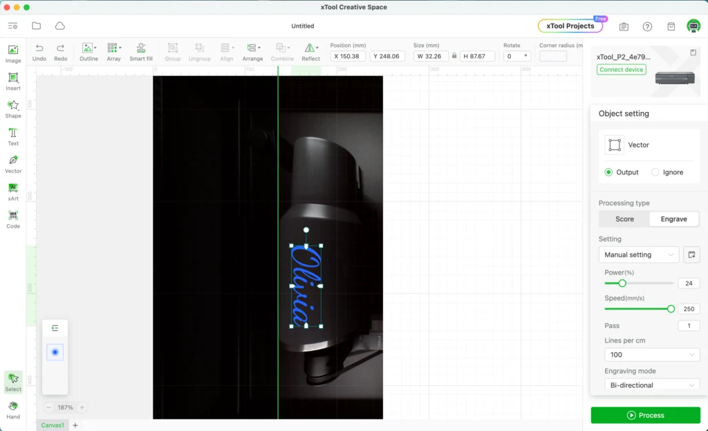 Settings for engraving a Stanley tumbler with the xTool P2 - cuttingforbusiness.com